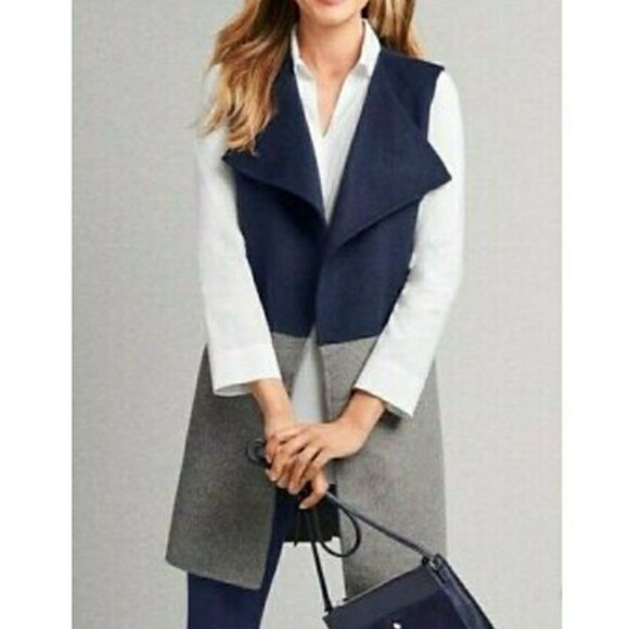 Talbots Vest Small Two-tone Navy Gray Wool Blend Flyaway Open Front Old Money - Picture 7 of 7
